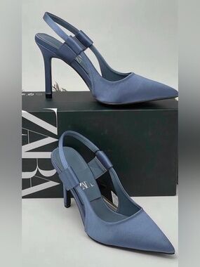 Zara Blue Slingback High-Heeled Shoes Elastic Band Sexy Stiletto Size 37 US 6.5